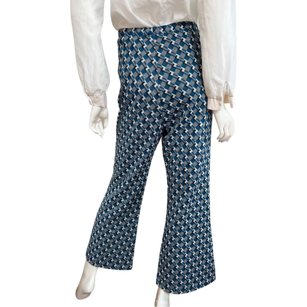 Groovy 60s / 70s Mod Teal Geometric Cropped Ankle Flared Pull on Pants - Picture 6 of 8